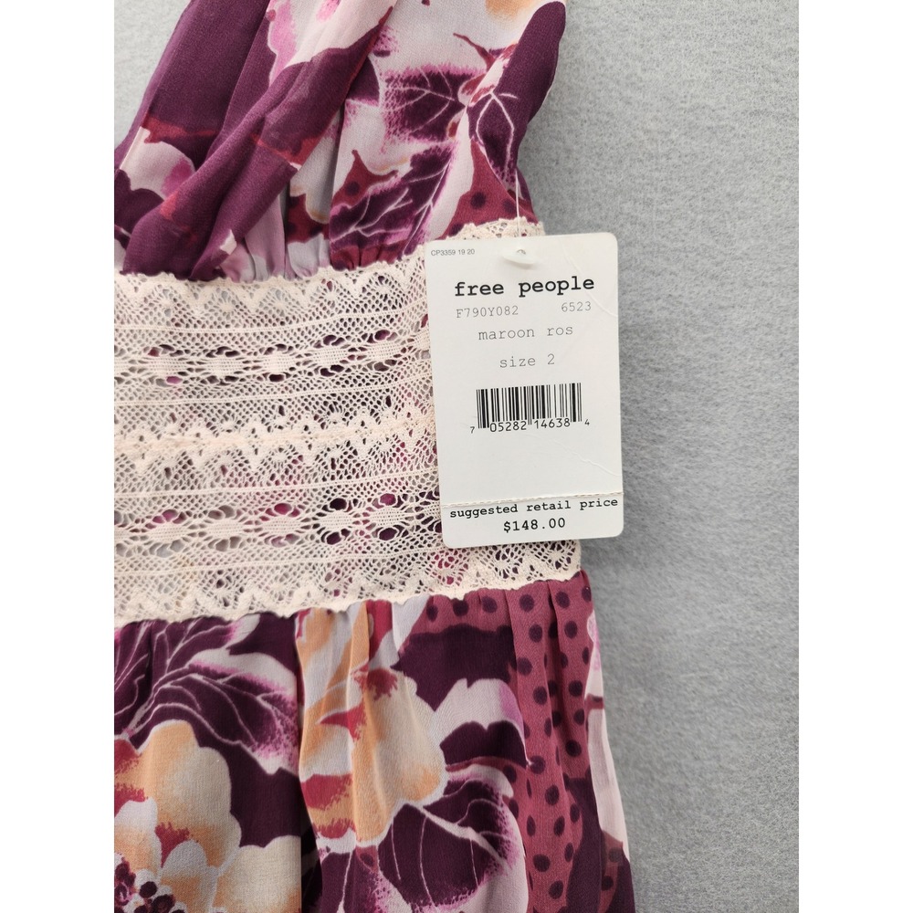 Free People Maroon Ros Floral Lace High Low Midi Dress NWT Boho Cottagecore Sz 2 - Picture 3 of 13